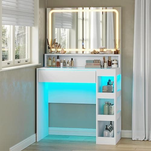 HuaYing Makeup Vanity Desk with Mirror and Lights, LED Tempered Glass Top, 3 Lighting Modes Brightness Adjustable,Power Outlet,Bedroom Dressing Table, Snow White - Image 1