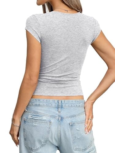 EasyGala Womens Cotton Square Neck Short Sleeve Shirts Slim Fit Cap Sleeve Tops Summer Basic Low Cut Tee Fashion Clothes thumbnail 6