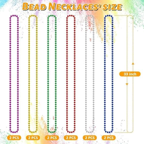 EOBOH Mardi Gras Beads, 12PCS Bead Necklace Party Favors, Metallic 6 Kinds of 33" Beaded Necklaces Costumes Stuff, Festival Parade Throw Accessory Sets for Mardi Gras Celebrations Decorations - 6 Color thumbnail 2