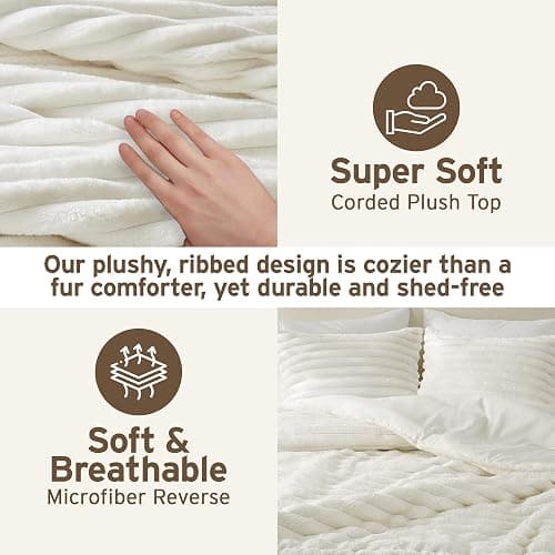 Intelligent Design Queen Comforter Set, Plush Bedding, Microfiber Reverse, 3 Piece, Lightweight, Super Soft Ribbed Velvet Comforter 2 Shams, All Season Fluffy Bed Set, Avril, Full/Queen Ivory thumbnail 4