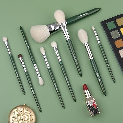 Natural Real Goat Hair Makeup Brushes Set Labeled 9 Piece Face and Eye Brush Set Ultra soft hair Foundation, Concealer, Blush, Contour, Blending, Eyeshadow Kabuki travel makeup brush set (green) thumbnail 4