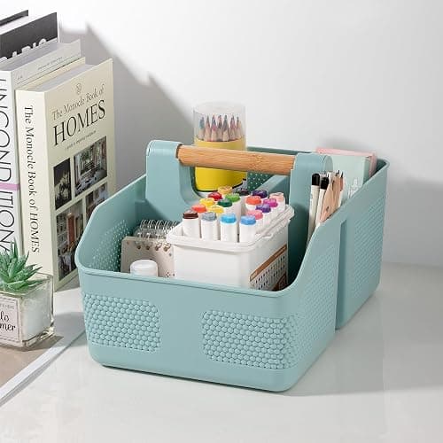 rejomiik Shower Caddy Portable with Bamboo Handle, Plastic Basket Cleaning Caddy Organizer Storage Tote for Bathroom, College, Dorm Room Essentials, Blue thumbnail 2