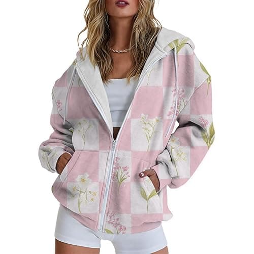 domirica Graphic Hoodies for Women Long Sleeve Trendy Zip Up Oversized Sweatshirts with Pocket - Image 1