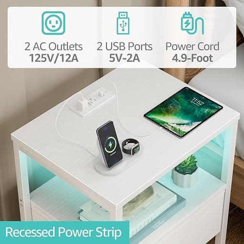 BOLUO White Nightstand with Charging Station, LED Night Stand with Fabric Drawers and Shelf, Bedside Table with USB Ports and Outlets, Bedroom Nightstand Modern thumbnail 5
