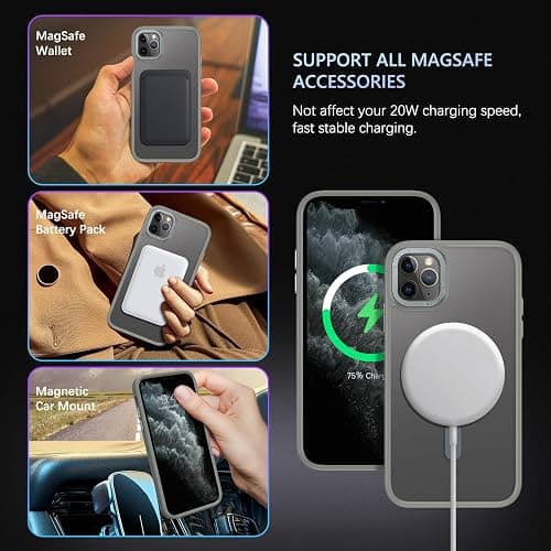 GUAGUA Strong Magnetic for iPhone 11 Pro Max Case [Compatible with MagSafe] [Military Grade Protection] Translucent Matte Back Slim Shockproof Anti-Scratch Phone Cover 6.5-Inch, Grey thumbnail 7