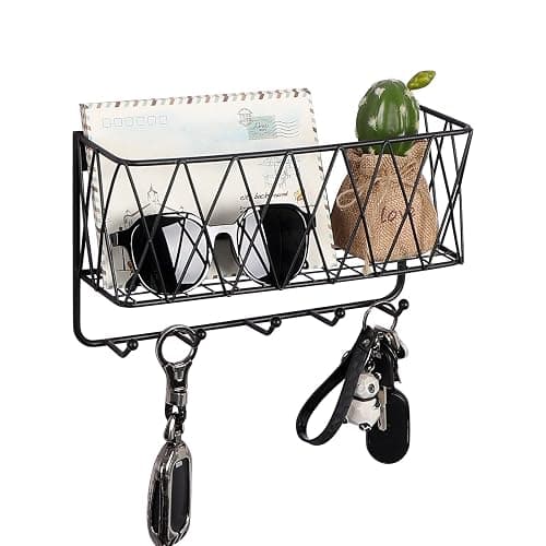 OROPY Entryway Mail Holder with Key Hooks, 11.0" L×2.6" W×5.1" H, Wall Mounted Matte Black Metal Wire Mesh Storage Basket with 5 Hooks, Easy to Organize Letters, Magazines, Keys, Leashes for Entryway - Image 1