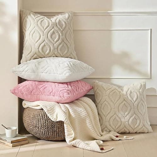decorUhome Set of 2 Faux Fur Cushion Covers 45x45 cm, Decorative Soft Plush Fluffy Velvet Cushion Cover 18X18 Inch,Square Boho Neutral Pillow case for Sofa, Beige thumbnail 4