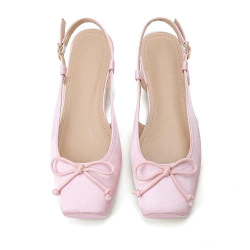 Lhamo Latso Women's Ballet Flats Slingbacks Square Toe Bow Knit Dressy Flat Shoes with Ankle Buckles Satin - Image 1