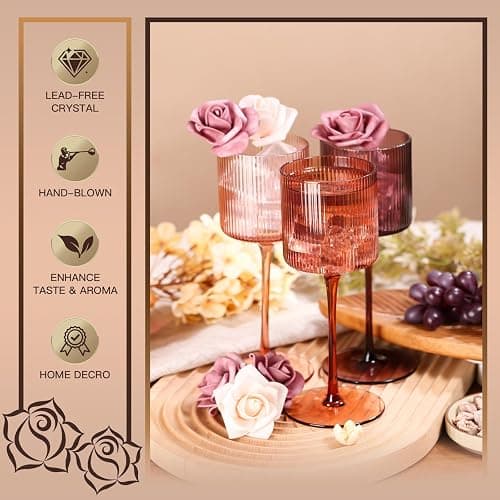 Melanin Colored Square Wine Glasses Set of 6, Elegant Ribbed Design Amber Crystal Glassware with Long Stem, 11.5oz Hand Blown Red & White Wine Stemware For Home Bar Deco,Party,Wine Dinner- Multicolour thumbnail 4