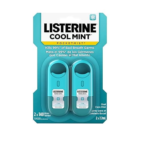 Listerine Cool Mint Pocketmist, Oral Care Mist for Fresh Breath, Non-Aerosol Sugar-Free Bad Breath Refresher Spray to Kill 99% of Bad Breath Germs, Portable, Cool Mint Flavor, 2 Sprays - 1 Ounce (Pack of 2)