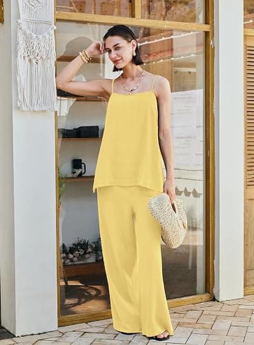 Yanekop Linen Sets for Women 2 Piece Pants Summer Outfits Matching Lounge Sets Spaghetti Strap Tank Top Pants Sets thumbnail 5