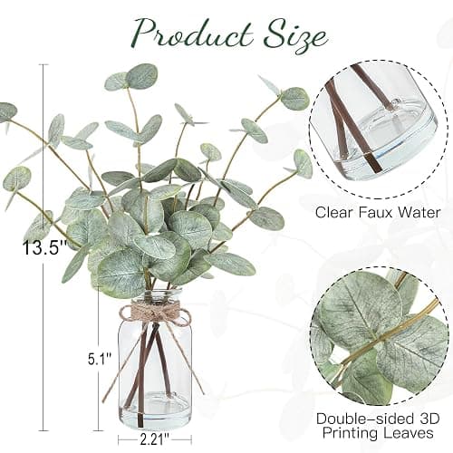 Bessol Artificial Eucalyptus Stems in Glass Vase with Faux Water, 13.5" Fake Plants for Home Decor, Coffee Table Centerpieces, Office, Bathroom & Farmhouse Weddings - Faux Greenery Plants Decorations thumbnail 3