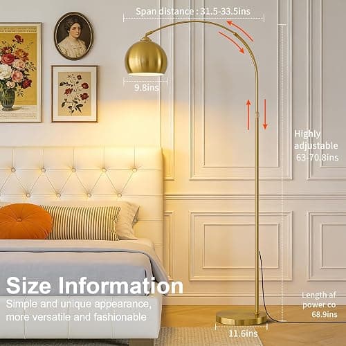 yuhaptomer Gold Brushed Brass Arc Floor Lamps with 12W LED Remote Dimming | Adjustable Height Span, Color Temperature, Brightness, Unique Large Antique Curved Floor Lamp for Living Room Bedroom Office thumbnail 7
