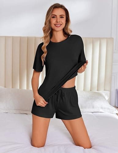 Ekouaer Pajama Set for Women Viscose from Bamboo Short Sleeve Tops and Shorts Set 2 Piece Lounge Set thumbnail 3