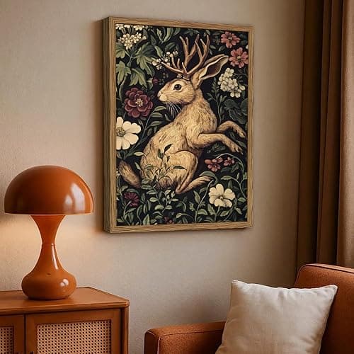 Vintage Rabbit Wall Art Whimsical Dark Cottagecore Jackalope Wall Decor Painting Moody Animal and Botanical Poster Canvas Print for Living Room Bedroom 12x16 inch Wood Framed thumbnail 6