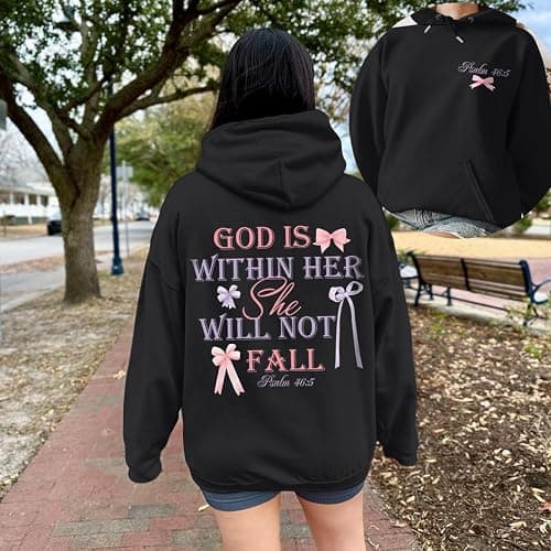 Cayxatiu God is Within Her She Will Not Fall Christian Hoodies for Women Jesus Bible Verse Hoodie Bow Hoodie thumbnail 3