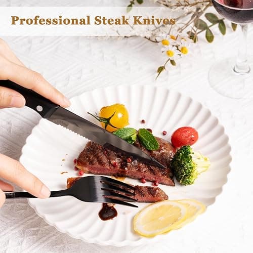 Astercook 24-Piece Black Silverware Set with Steak Knives Flatware Set for 4 Food-Grade Stainless Steel Cutlery Set Mirror Polished Utensils Set Include Spoons and Forks for Home Gifts for Women thumbnail 2