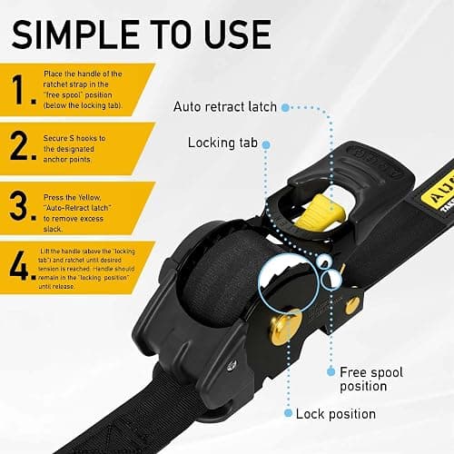 AUGO Retractable Ratchet Straps | 4 Heavy Duty Ratchet Straps Self Retractable Tie Down Straps with Soft Loops & Storage Bag for Motorcycle, Truck, Trailer, Cargo Van | 1200 Lb Break Strength 1” x 10’ thumbnail 5