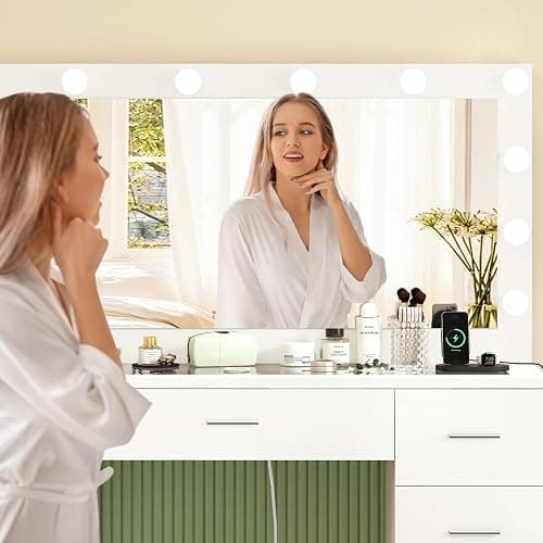 FIONESO Vanity Desk with Glass Top & Lights Mirror, 3 Adjustable Lighting Color, Makeup Vanity with 9 Drawers and 12 LED Lights, Dressing Table for Bedroom, Vanity for Girls, White thumbnail 8