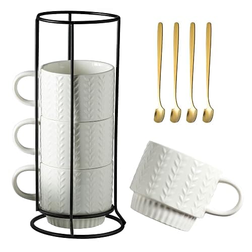 Miamolo Stackable Coffee Mugs, Coffee Mug Set of 4 with Spoons & Stand, 13oz Espresso Cups for Drinks Latte Cappuccino Tea, Coffee Cup for Housewarming Birthday Gift, Dishwasher Safe, White - Image 1
