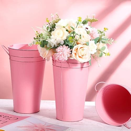 Irenare 12 Inch Vintage Galvanized Flower Bucket Metal Flower Vase Farmhouse French Bucket Planter Metal Floral Container for Party Table Centerpiece Weddings Home(Pink,6 Pcs) thumbnail 2