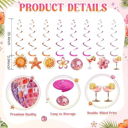 VitalCozy 10pcs Pink and Orange Sunset Birthday Decorations for Women Pink and Orange Happy Birthday Banner, Tropical Tequila Garland and Hanging Swirls Decorations thumbnail 5