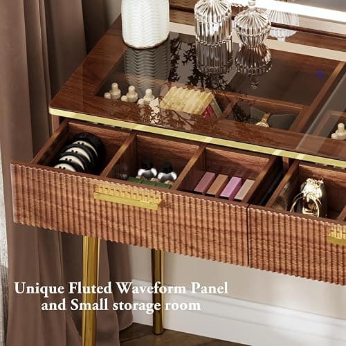Chrangmay 47.24" Big Modern Vanity Desk with Mirror and Lights,Makeup Vanity Desk with 5 Drawers and Storage Shelves & Power Outlet,Dressing Table with Glass Top, Brown thumbnail 9