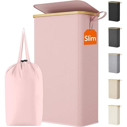 Lifewit 75L Slim Laundry Hamper with Lid and Removable Bag, Pink | Bamboo Handles, Foldable Narrow Laundry Baskets, Thin Laundry Bin, Dirty Clothes Hamper for Laundry, Bathroom, Bedroom, Dorm - Image 1