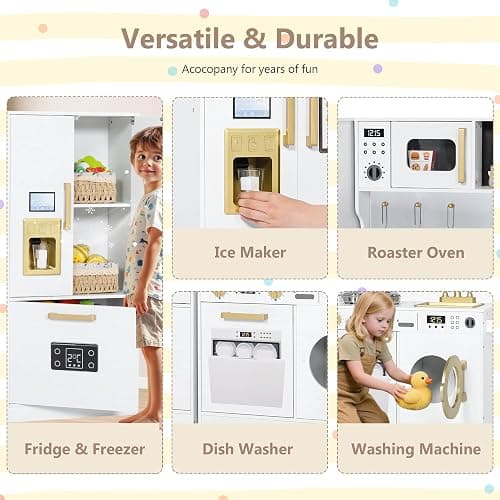 Kinder King Wooden Kids Play Kitchen Set, Cookware Accessories, White | Transparent Coloring Board, Pretend Fridge, Toy Kitchen Playset w/Washing Machine, Realistic Kitchen Sets Gift for Ages 3+ thumbnail 6
