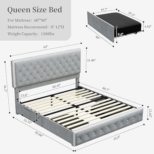 SIBEDS Queen Led Bed Frame with 2 Drawers, Storage Platform Queen Size Upholstered Bed Frames with Crystal Button Tufted Headboard, Solid Slats Support, Noise Free, No Box Spring Needed, Velvet Grey thumbnail 2