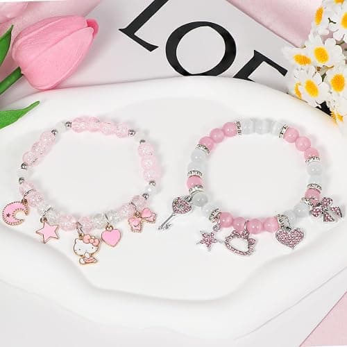 Cute Kitty Bracelet Stuff Crystal Bead Elastic Friendship Bracelets kawaii stuff bff bracelets for Women Girls Best Friend Sister Crystal Bead Cat Jewelry Gift for Birthday Christmas (Kawaii Stuff-C) thumbnail 2