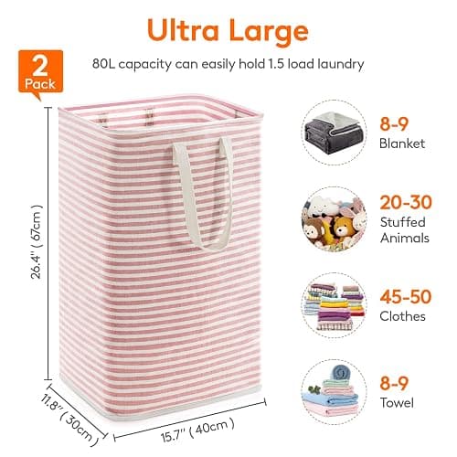 Lifewit 2 Pack Laundry Hamper Large Collapsible Laundry Basket, Freestanding Waterproof Cloth Hamper with Easy Carry Handles in Laundry Room Bedroom Bathroom Dorm for Adult, Gray&Pink, 2 x 80L thumbnail 3