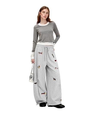 Aelfric Eden Embroidery Puppy Baggy Barrel Sweatpants Casual Y2K Elastic Drawstring Unisex Wide Leg Pants Lantern Trouser thumbnail 2