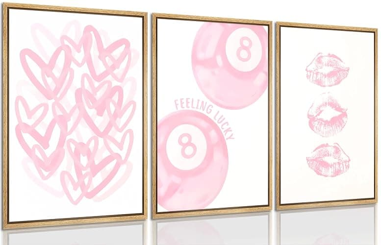 3Pcs Trendy Pink Preppy Canvas Wall Art Light Pink Cute Girly Lips Lucky 8 Ball Hearts Paintings Pictures Wall Decor Coquette Poster Printing Artwork for College Dorm Room Bedroom Home Decoration - Image 1
