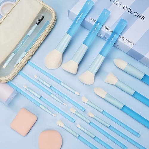 LULUCOLORS 18-Piece Light Blue Professional Makeup Brush Set – Translucent Rubberized Handles, Soft Synthetic Bristles for Face & Eye Makeup – Includes Travel Bag & Sponges,Complete Brush Collection thumbnail 2