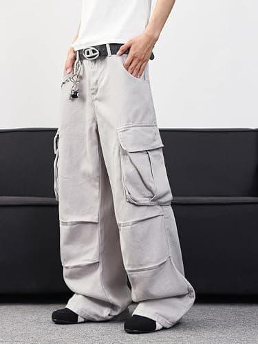 DFGIGT Mens Denim Baggy Pants with Cargo Pockets Mid Weight Casual Streetwear Wide Leg Jeans Hip Hop Skater Trousers thumbnail 4