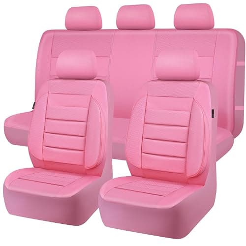CAR PASS Pink Leather Seat Covers Full Set Universal Water Resistant 3D Foam Back Support, Luxury Comfort Automotive 5 Seat Covers All Season Fit SUV,Sedan,Van, Airbag Compatible Elegance Pink - Image 1
