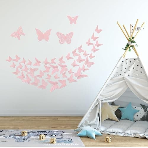 3D Pink Butterfly Wall Decor 3 Sizes 4 Styles Butterfly Party Decorations Cake Decorations Removable Stickers Wall Decor Room Mural Metallic Kids (Pink, 48Pcs) thumbnail 2