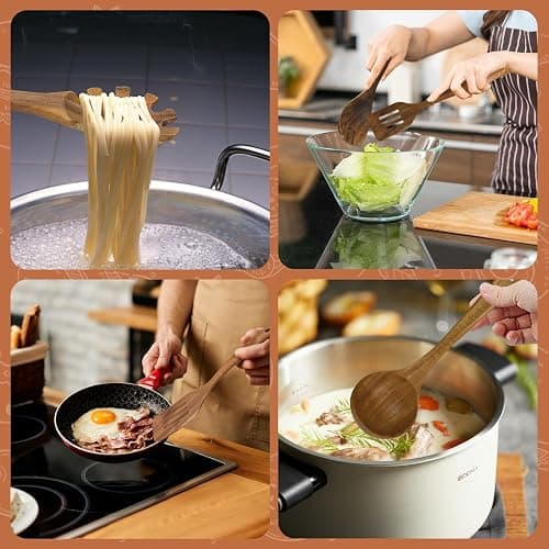 comfoyar Teck Ustensiles de Cuisine Bois, Set de 7 Cuillère en Bois pour la Cuisson avec Spatula et Ladle, Résistance à la chaleur Convient pour Poêles Antiadhésives thumbnail 7
