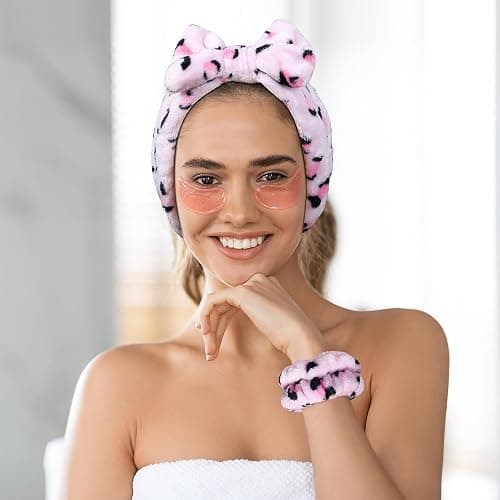 Miroksh Pink Leopard Print Plush Wash Face Headband Bowknot Cheetah Spa Hair Band Wrist Cuffs Women Girls Facial Makeup Skincare Bath Head Wrap Lady Costume Party Supply Xmas Gift thumbnail 3