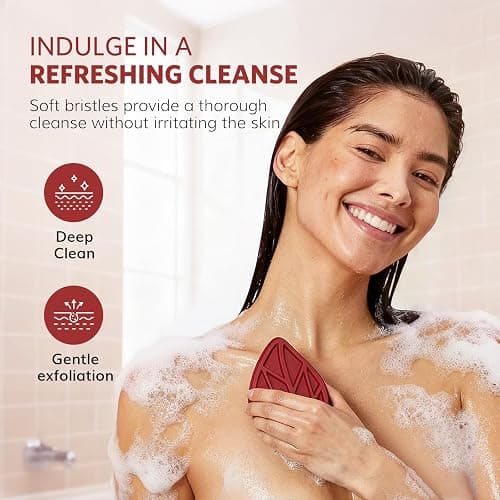 Sndyi Christmas Silicone Body Scrubber, Limited Edition Leaf-Shaped Shower Brush for Gentle Cleanse & Exfoliation, Soft Silicone Loofah Body Brush for Sensitive Skin, Perfect Holiday Gift, Festive Red thumbnail 4