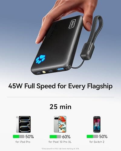 INIU Portable Charger, Ultra Slim 45W Fast Charging with Attached USB C Cable, Flight-Safe 10000mAh PD Power Bank Battery Pack, Travel Essential Phone Powerbank for iPhone 17 16 Samsung S25 Google etc thumbnail 4