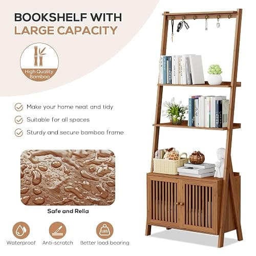 Bookcase with Drawers, 4-Tier Bamboo Bookshelf Ladder Shelf with 6 Hooks, Tall Narrow Retro Book Shelf, 24.8"L x 10.6"W x 59.5"H, Standing Storage Organizer for Living Room, Office, Bedroom, Walnut thumbnail 4