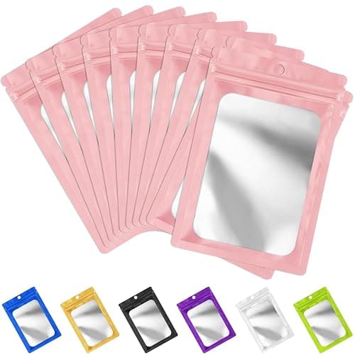 FUNFERY 100 Pack Mylar Resealable Bags Foil Packaging Bags with Frosted Clear Window, Zipper Bag Smell Proof Pouch for Food Storage, Cookies, Sample, Small Business(Pink, 2.4x3.9inch) - Image 1