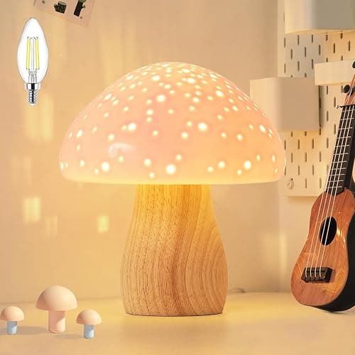 BOHON Mushroom Lamp, Ceramic Bedside Table Lamp for Bedroom Nightstand, Vintage Cute Night Light, Small Lamp for Living Room Kids Desk Home Decor Girls, LED Bulb Included, Pink - Image 1