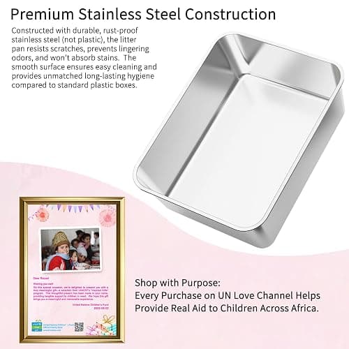 RIZZARI Pink Open-Top Cat Litter Box with Stainless Steel Pan - Extra-Large, Non-Porous & Easy Clean, High Sides Anti-Scatter, Includes Scoop, for Apartment Bathroom or Laundry Room thumbnail 2