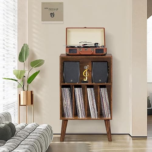 Lerliuo Record Player Stand, Brown Turntable Stand Holds up to 160 Albums, Mid-Century Vinyl Storage Cabinet Table with Solid Wood Legs, Record Player Holder Dispaly Shelf for Bedroom Living Room thumbnail 4