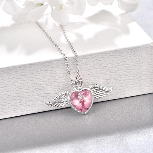 TANGPOET Engelsflügel Halskette 925 Sterling Silber Liebe Herz Kristall Kette Königin Krone Anhänger Geburtsstein Schmuck Geschenk für Frauen Mädchen mit Geschenkbox thumbnail 2