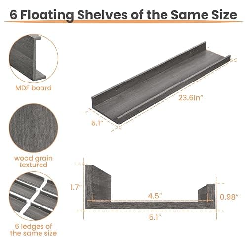 upsimples Floating Shelves for Wall, Wood Mounted Shelf Decor Storage Set of 6, for Bedroom, Living Room, Bathroom, Kitchen, 23.6 inch Long Picture Ledge, Grey thumbnail 3