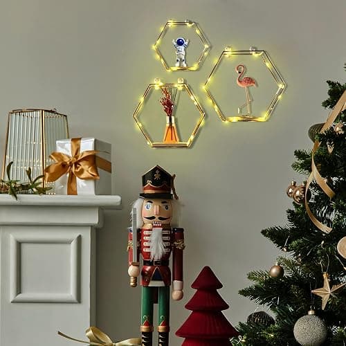 Liywall - Hexagon Floating Shelves Wall Decor, Gold Metal Wire and Wood Wall Mounted Storage Shelf Home Decorations Art for Bedroom Living Room Kitchen Bathroom, Set of 3 with LED Lights - Gold thumbnail 6